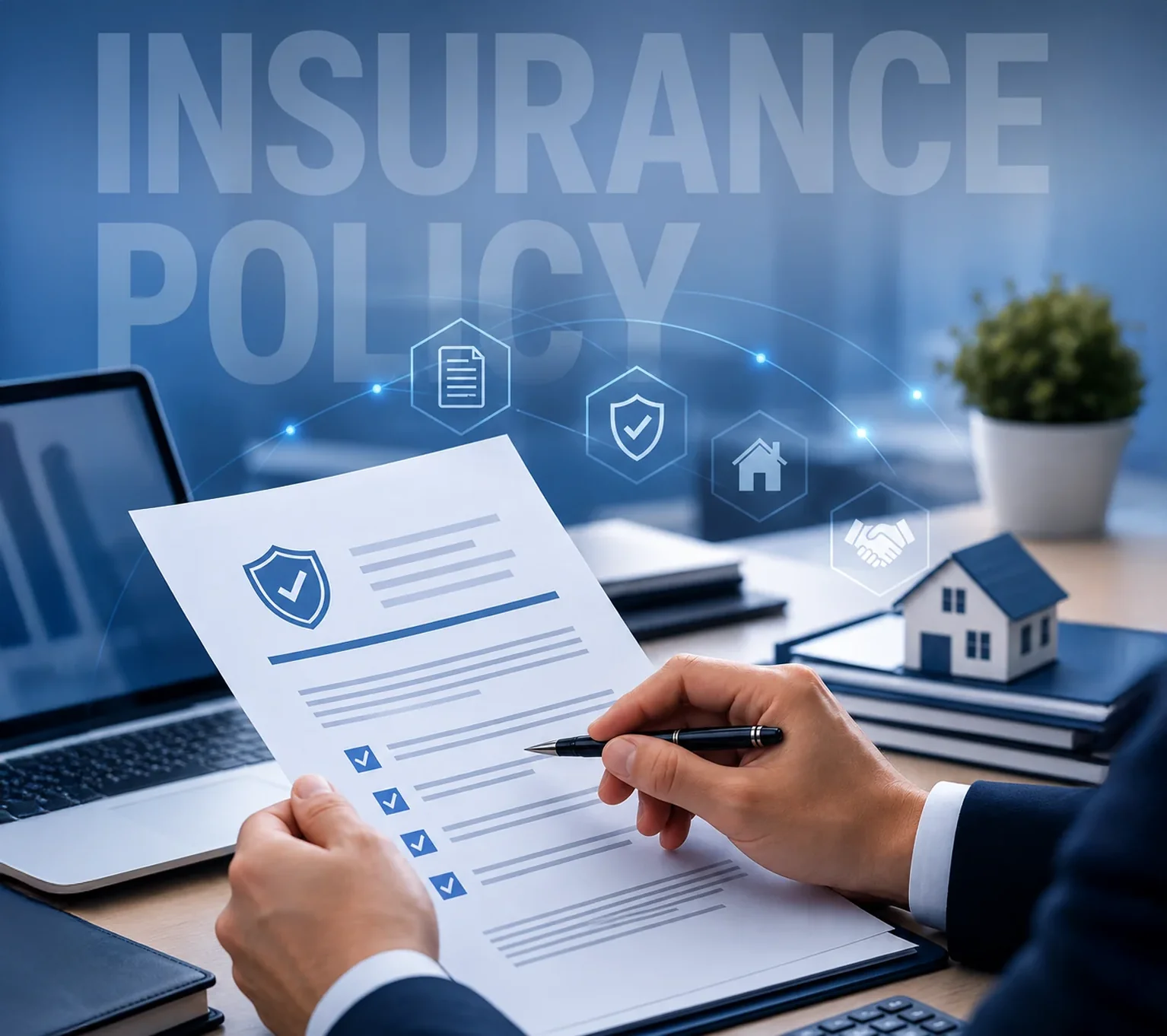 A professional reviewing an insurance policy document at a desk