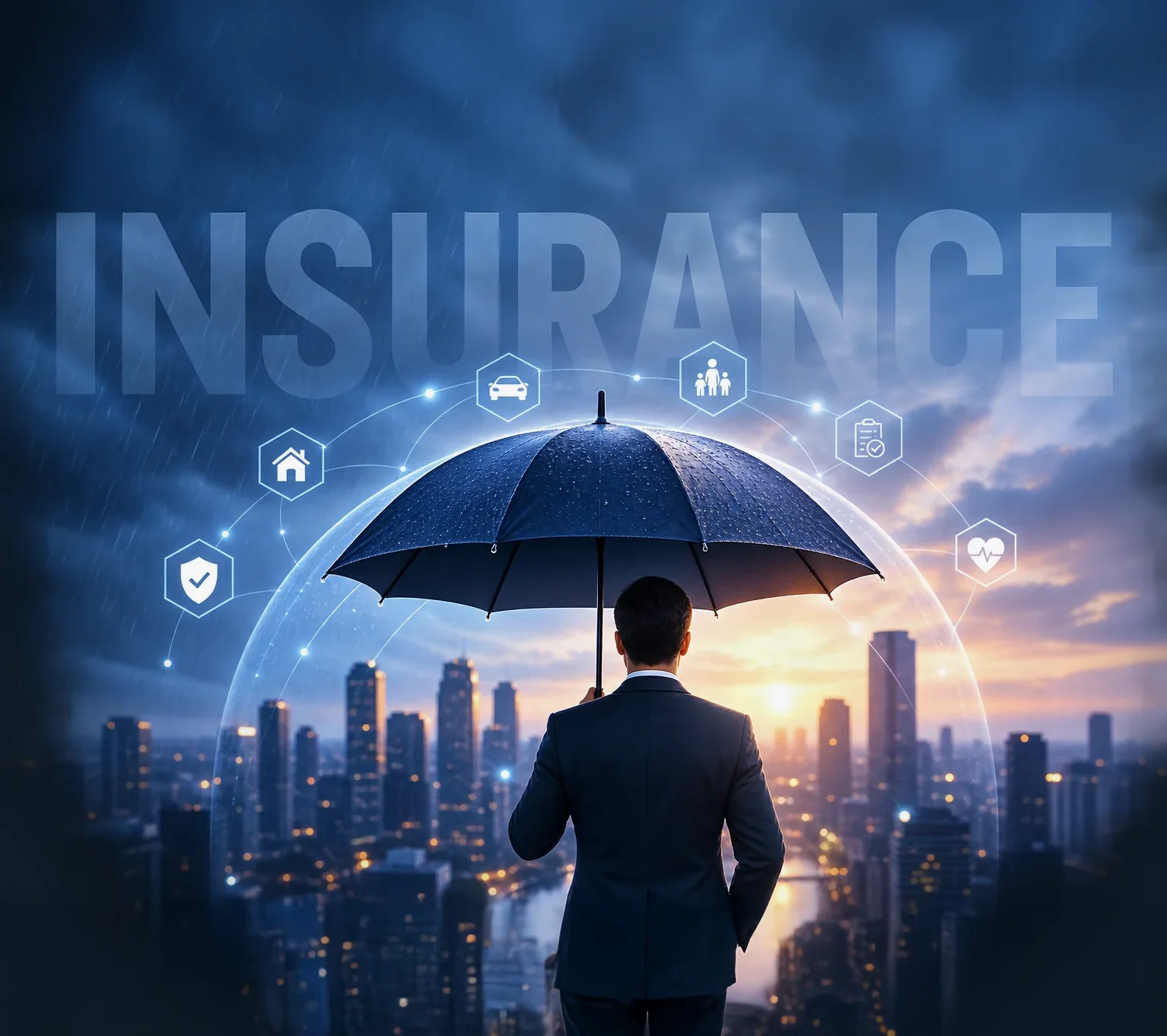 A businessman viewed from behind, holding an umbrella overhead against a city skyline at sunset, surrounded by insurance coverage icons